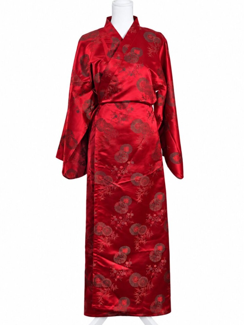 Red Satin Jacquard Kimono Robe Asian Inspired Floral Medallion Maxi Sash